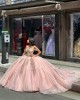 Metallic Sequin Rose Gold Quinceanera Dresses Off Shoulder Lace Appliqued 15 Dress