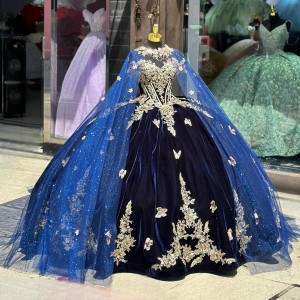 Navy Blue Quinceanera Dresses Off Shoulder Metallic Flower Sweetheart Neckline 15 Dress