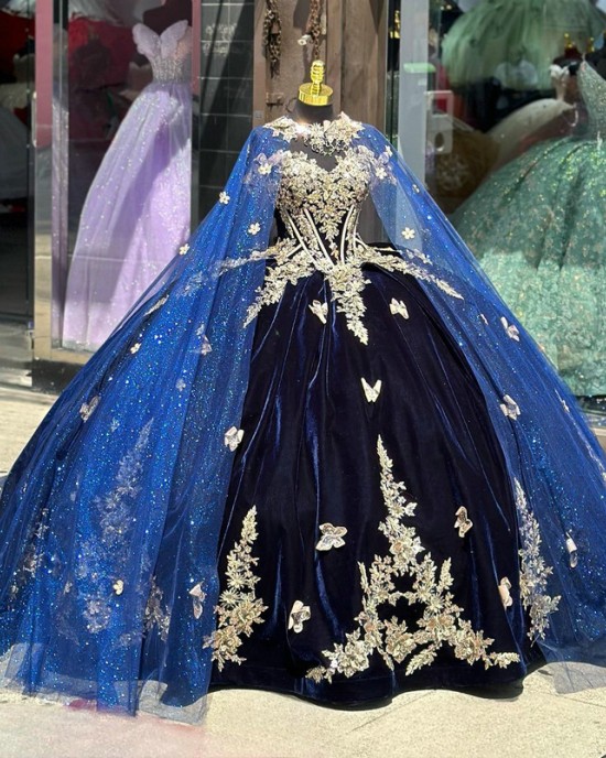 Navy Blue Quinceanera Dresses Off Shoulder Metallic Flower Sweetheart Neckline 15 Dress