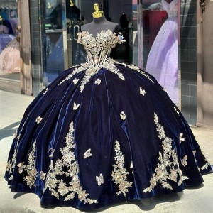 Navy Blue Quinceanera Dresses Off Shoulder Metallic Flower Sweetheart Neckline 15 Dress