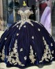 Navy Blue Quinceanera Dresses Off Shoulder Metallic Flower Sweetheart Neckline 15 Dress