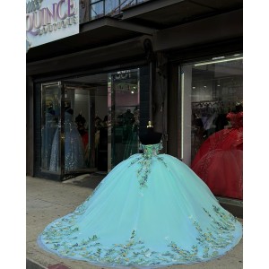 Off Shoulder Aqua 15 Dresses Sweetheart Neck Ball Gown Beading Quince Dress With 3D Floral Appliques