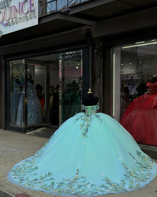 Off Shoulder Aqua 15 Dresses Sweetheart Neck Ball Gown Beading Quince Dress With 3D Floral Appliques