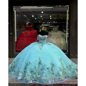 Off Shoulder Aqua 15 Dresses Sweetheart Neck Ball Gown Beading Quince Dress With 3D Floral Appliques