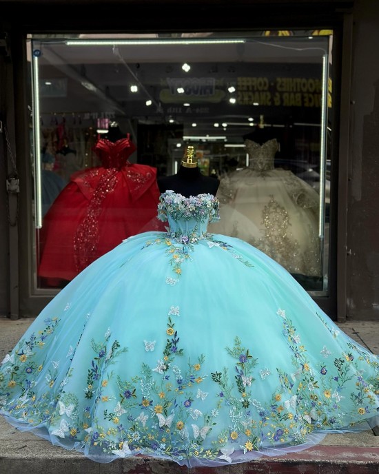 Off Shoulder Aqua 15 Dresses Sweetheart Neck Ball Gown Beading Quince Dress With 3D Floral Appliques