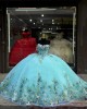 Off Shoulder Aqua 15 Dresses Sweetheart Neck Ball Gown Beading Quince Dress With 3D Floral Appliques