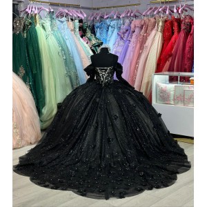 Off Shoulder Black Quinceanera Dresses Sweetheart Neckline 15 Dress With 3D Floral Appliques