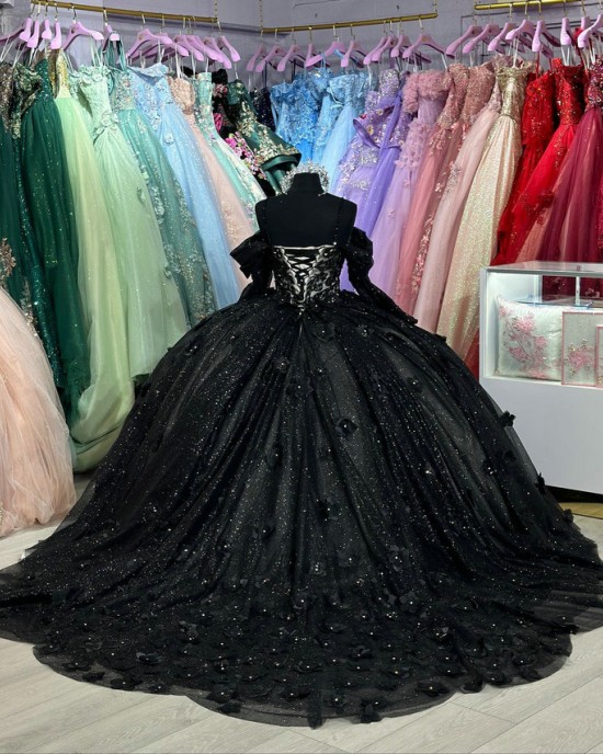 Off Shoulder Black Quinceanera Dresses Sweetheart Neckline 15 Dress With 3D Floral Appliques