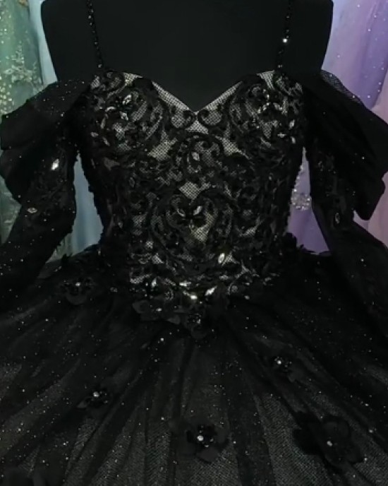 Off Shoulder Black Quinceanera Dresses Sweetheart Neckline 15 Dress With 3D Floral Appliques