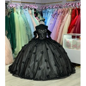 Off Shoulder Black Quinceanera Dresses Sweetheart Neckline 15 Dress With 3D Floral Appliques