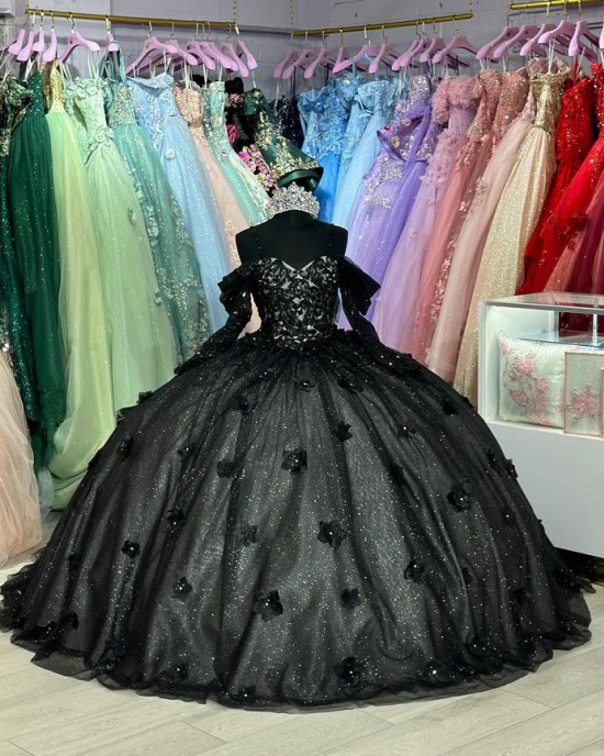 Off Shoulder Black Quinceanera Dresses Sweetheart Neckline 15 Dress With 3D Floral Appliques