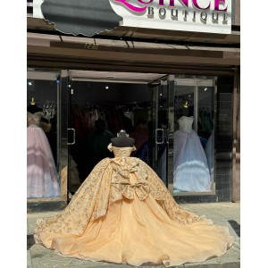 Off Shoulder Gold Quince Dress Metallic Sequin Ball Gown Sweetheart Neckline 15 Dresses With Bow