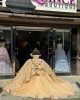 Off Shoulder Gold Quince Dress Metallic Sequin Ball Gown Sweetheart Neckline 15 Dresses With Bow