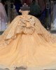 Off Shoulder Gold Quince Dress Metallic Sequin Ball Gown Sweetheart Neckline 15 Dresses With Bow