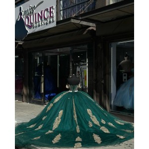 Off Shoulder Green 15 Dresses Metallic Sequin Ball Gown Sweetheart Neck Dress