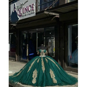 Off Shoulder Green 15 Dresses Metallic Sequin Ball Gown Sweetheart Neck Dress