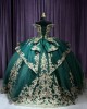 Off Shoulder Green 15 Dresses V Neck Ball Gown Metallic Sequin Quince Dress With Bow