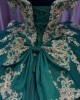 Off Shoulder Green 15 Dresses V Neck Ball Gown Metallic Sequin Quince Dress With Bow