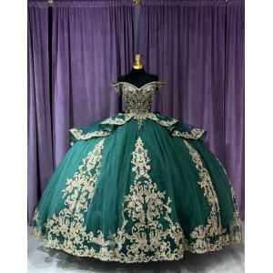 Off Shoulder Green 15 Dresses V Neck Ball Gown Metallic Sequin Quince Dress With Bow