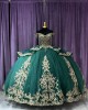 Off Shoulder Green 15 Dresses V Neck Ball Gown Metallic Sequin Quince Dress With Bow