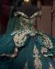 Off Shoulder Green Quince Dress Metallic Sequin 15 Dresses Sweetheart Neck Ball Gown