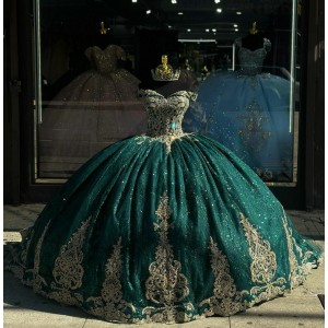 Off Shoulder Green Quince Dress Metallic Sequin 15 Dresses Sweetheart Neck Ball Gown