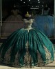 Off Shoulder Green Quince Dress Metallic Sequin 15 Dresses Sweetheart Neck Ball Gown