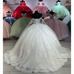 Off Shoulder Ivory Quinceanera Dresses Sheer Bodice 15 Dress With Long Sleeve