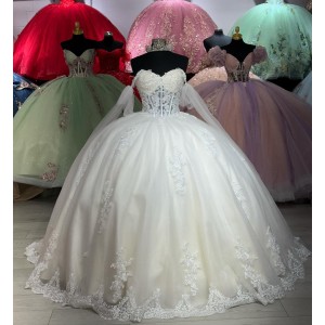 Off Shoulder Ivory Quinceanera Dresses Sheer Bodice 15 Dress With Long Sleeve