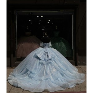 Off Shoulder Light Blue Quince Dress Sweetheart Neck Ball Gown Beading 15 Dresses