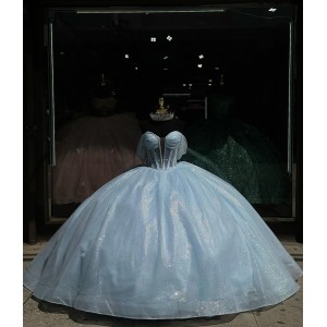 Off Shoulder Light Blue Quince Dress Sweetheart Neck Ball Gown Beading 15 Dresses