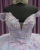 Off Shoulder Light Blue Quinceanera Dresses Crystal V Neck 15 Dress With 3D Floral Appliques