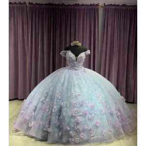 Off Shoulder Light Blue Quinceanera Dresses Crystal V Neck 15 Dress With 3D Floral Appliques