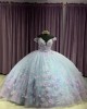 Off Shoulder Light Blue Quinceanera Dresses Crystal V Neck 15 Dress With 3D Floral Appliques