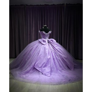 Off Shoulder Lilac 15 Dresses Lace Appliques Ball Gown V Neck Dress With Bow