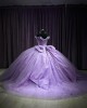 Off Shoulder Lilac 15 Dresses Lace Appliques Ball Gown V Neck Dress With Bow