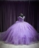 Off Shoulder Lilac 15 Dresses Lace Appliques Ball Gown V Neck Dress With Bow