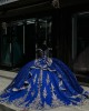 Off Shoulder Navy Blue Quince Dress Sweetheart Neck Ball Gown Metallic Sequin 15 Dresses With Bow