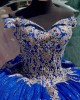 Off Shoulder Navy Blue Quince Dress Sweetheart Neck Ball Gown Metallic Sequin 15 Dresses With Bow