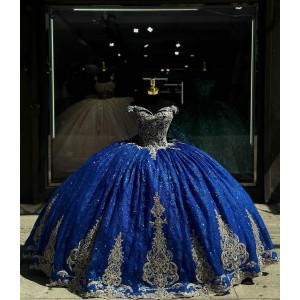 Off Shoulder Navy Blue Quince Dress Sweetheart Neck Ball Gown Metallic Sequin 15 Dresses With Bow