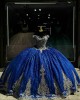 Off Shoulder Navy Blue Quince Dress Sweetheart Neck Ball Gown Metallic Sequin 15 Dresses With Bow