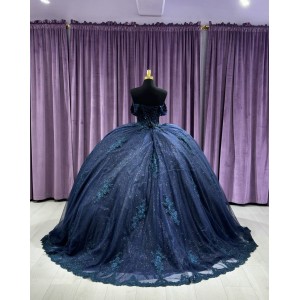 Off Shoulder Navy Blue Quinceanera Dresses Sweetheart 15 Dress With Lace Appliques