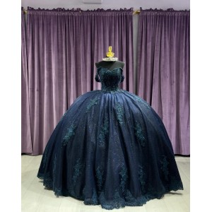 Off Shoulder Navy Blue Quinceanera Dresses Sweetheart 15 Dress With Lace Appliques