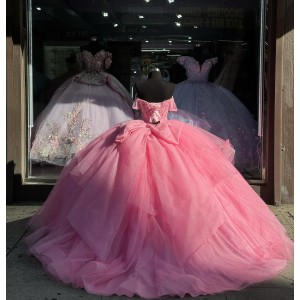 Off Shoulder Pink Quinceanera Dresses Crystal Sweetheart 15 Dress With Bow