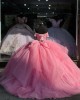 Off Shoulder Pink Quinceanera Dresses Crystal Sweetheart 15 Dress With Bow