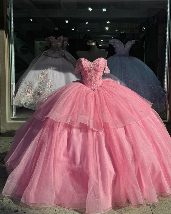 Off Shoulder Pink Quinceanera Dresses Crystal Sweetheart 15 Dress With Bow