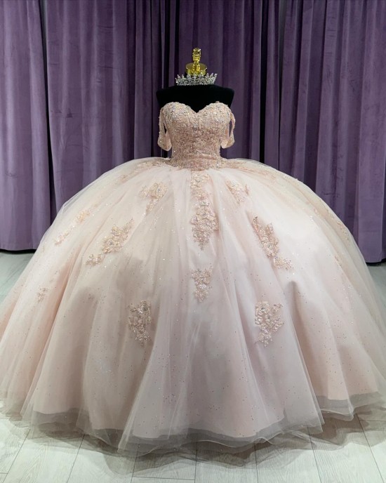 Off Shoulder Pink White Quinceanera Dresses Crystal Sweetheart Neck Lace Appliques 15 Dress