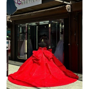 Off Shoulder Red Quince Dress Sweetheart Neck Ball Gown Pearl 15 Dresses With Bow