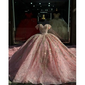 Off Shoulder Rose Gold Quince Dress Sweetheart Neck Ball Gown Metallic Sequin 15 Dresses