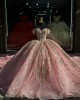 Off Shoulder Rose Gold Quince Dress Sweetheart Neck Ball Gown Metallic Sequin 15 Dresses